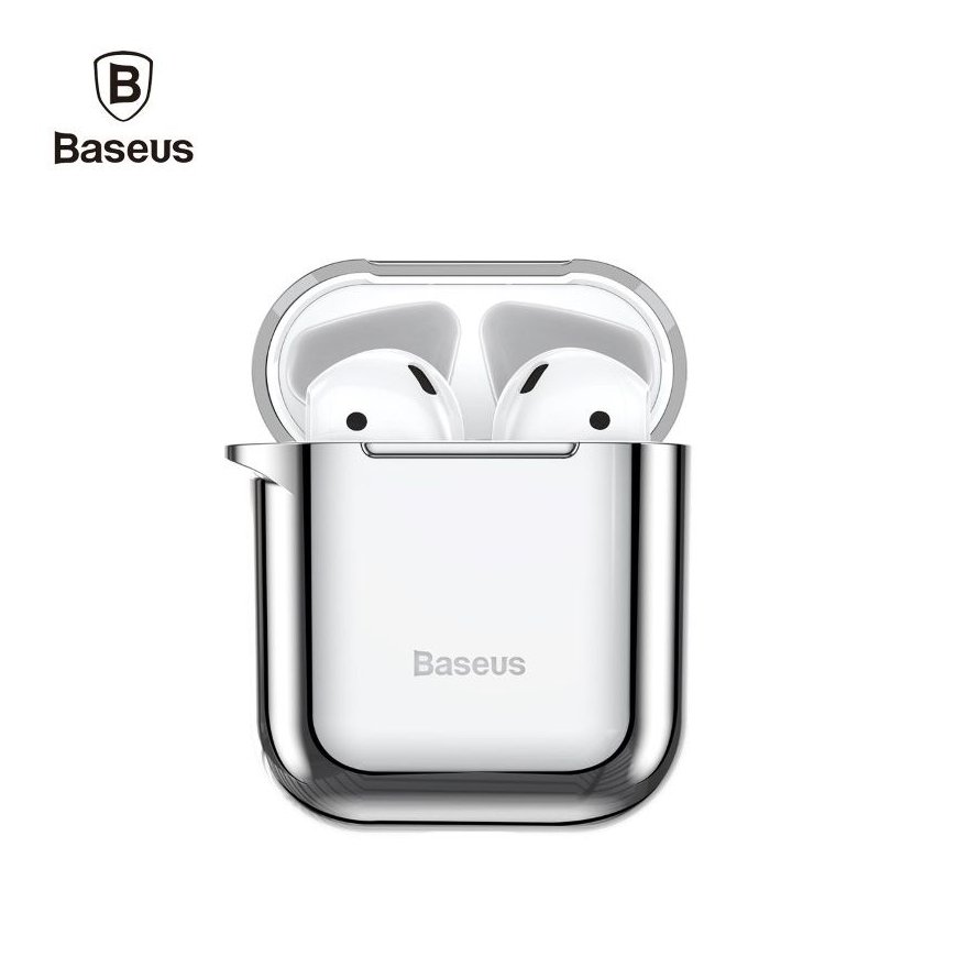 Baseus Apple Metallic Shining Ultra-thin Silicone Protector Case with Hook for Airpods 1 / 2 Silver