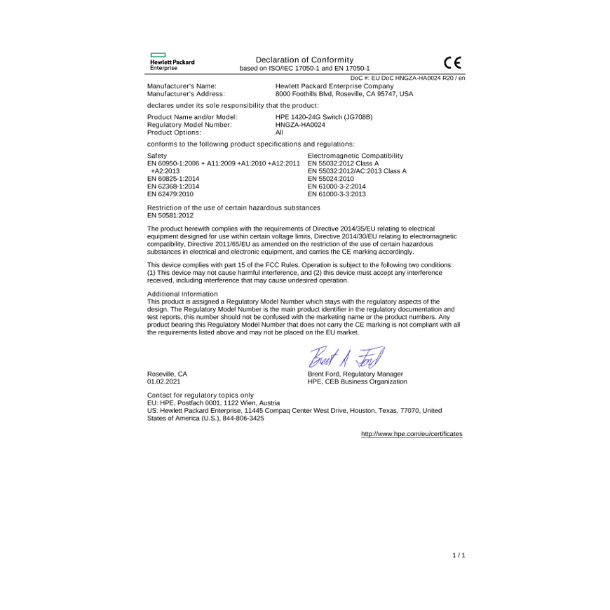 HP HPE Aruba FC 3Y NBD Exch 1420-24G SVC