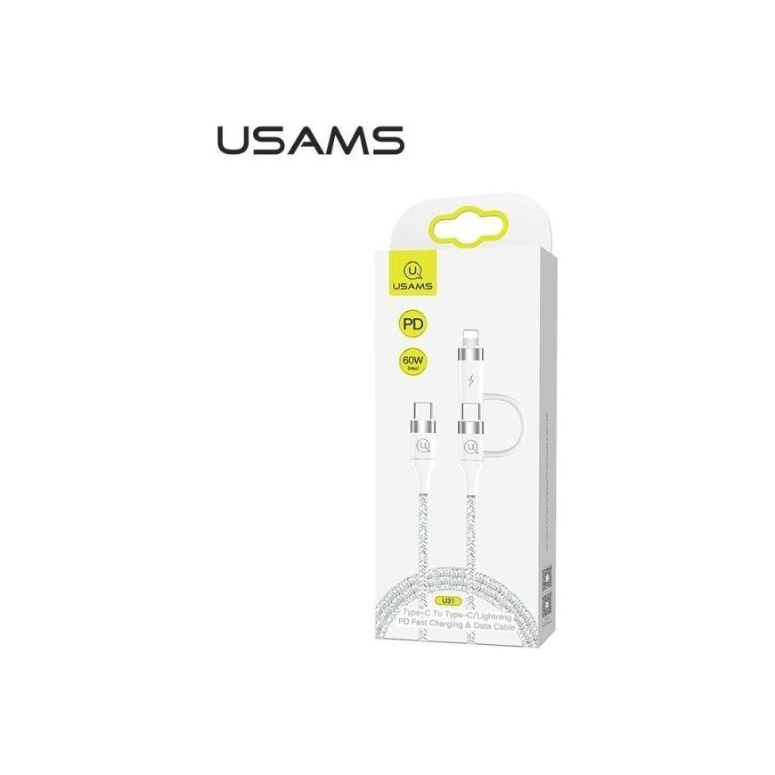 Cable USB Usams USB-C - USB-C + Lightning 1.2 m White (63775-uniw)