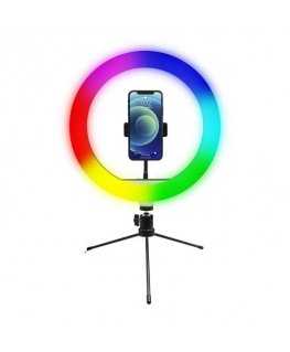 WP žiedinė lemputė Powerton 10 colių studijos žiedinė lemputė, RGB LED, silpnas apšvietimas, reguliuojama spalva ir intensyvumas