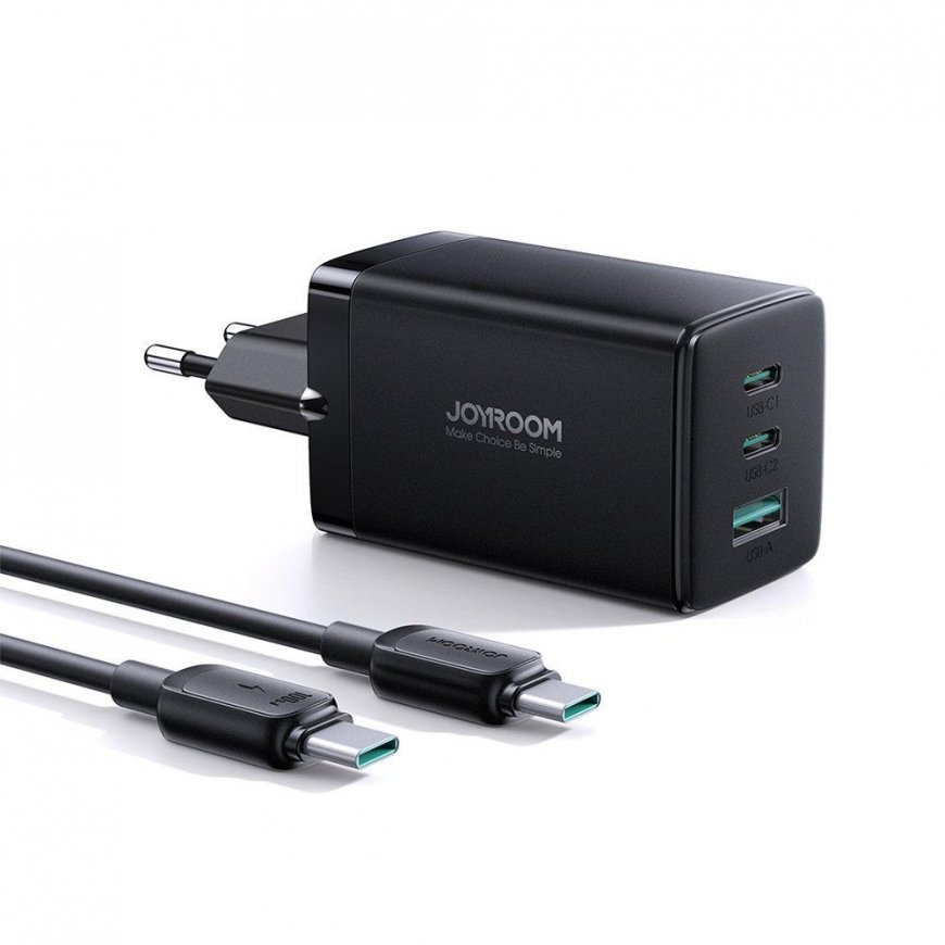 Joyroom greitas įkroviklis GaN 65W USB, 2x USB C juodas + USB C laidas - USB C 100W 1,2m (TCG01)