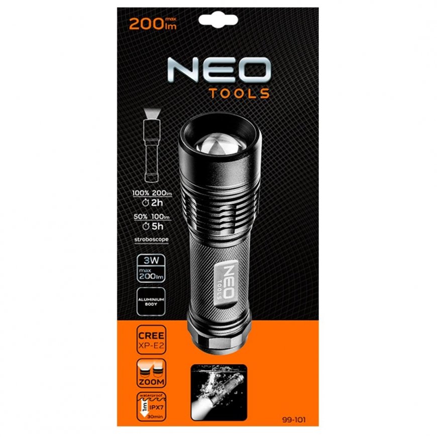 NEO Aliuminio žibintuvėlis 200 liumenų, priartinimas, IPX7, 3xAAA – 4
