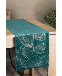 Eurofirany BLINK / 16 Velvet table runner with a pattern of large leaves, 35X220 cm, color: dark turquoise
