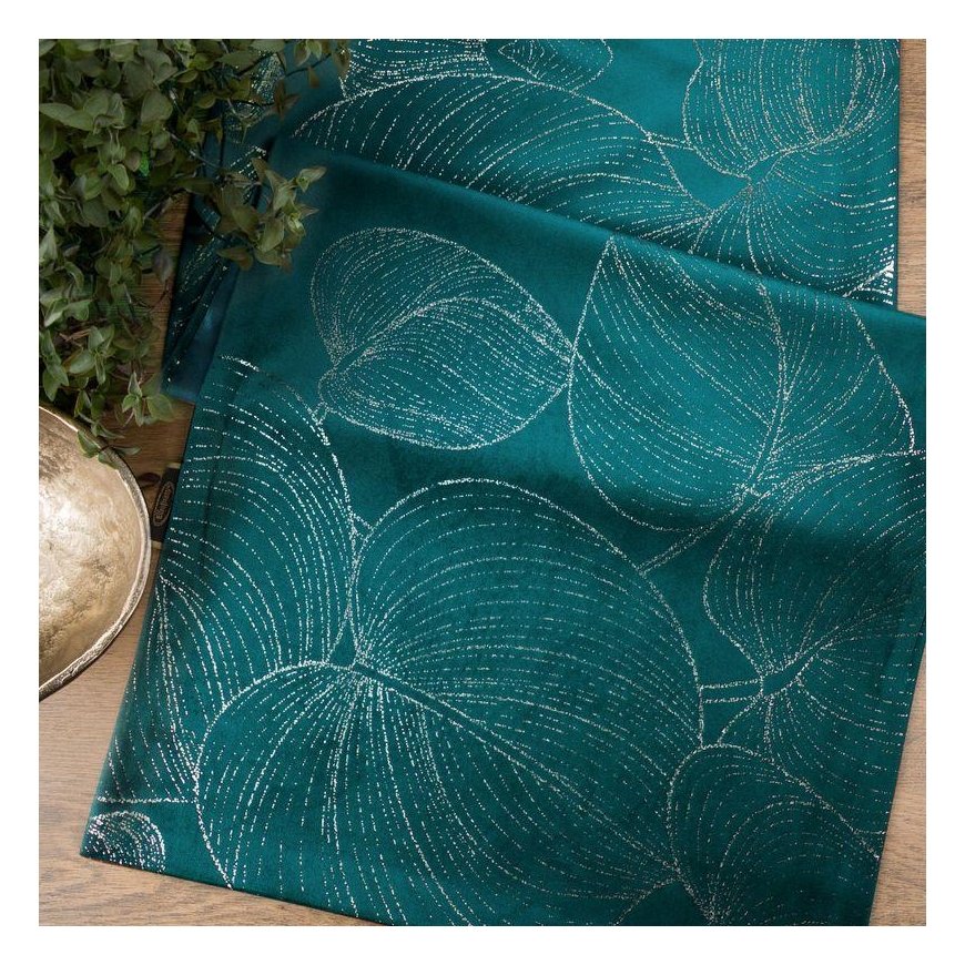 Eurofirany BLINK / 16 Aksominis stalo takelis su didelių lapų raštu, 35X220 cm, spalva: tamsi turkio – 5