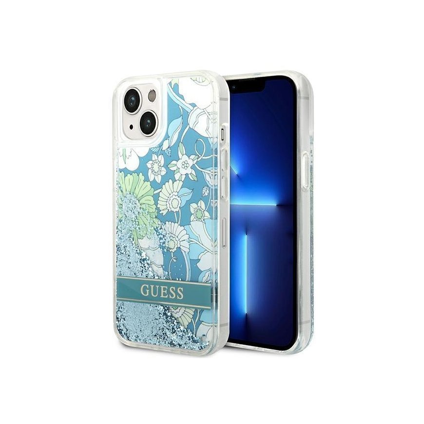 Guess GUHCP14SLFLSN iPhone 14 6,1 colio žalias / žalias kietas dėklas Flower Liquid Glitter