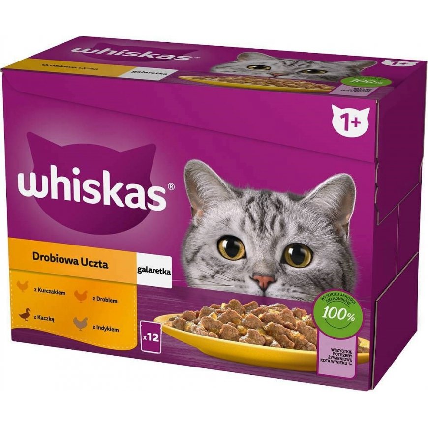 WHISKAS paciņa želeja mājputnu, pīles, tītara, vistas - mitrā kaķu barība - 12x85 g