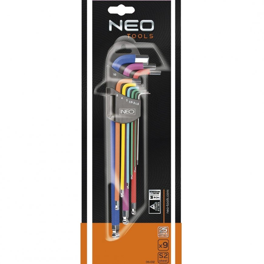 Neo Šešiakampių raktų rinkinys, tipas L 1,5-10mm, su kamuoliuku 9 vnt. (09-512) – 2