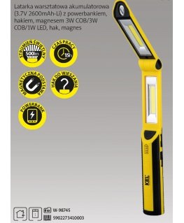 KEL įkraunamas LED COB 3W+1W 2.6Ah Li-Ion dirbtuvių žibintuvėlis /kablys, magnetas, maitinimo blokas/ LW-2PB
