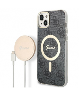 Guess Bundle Pack MagSafe 4G - Rinkinys etui + kroviklis MagSafe iPhone 14 Plus (juoda/auksinė)