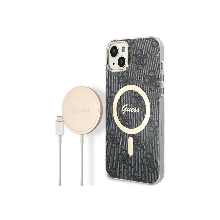 Guess Bundle Pack MagSafe 4G - Rinkinys etui + kroviklis MagSafe iPhone 14 Plus (juoda/auksinė)