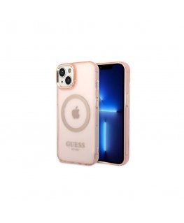 Guess dėklas iPhone 14 6,1" GUHMP14SHTCMP rožinis HC Magsafe Gold Outline permatomas