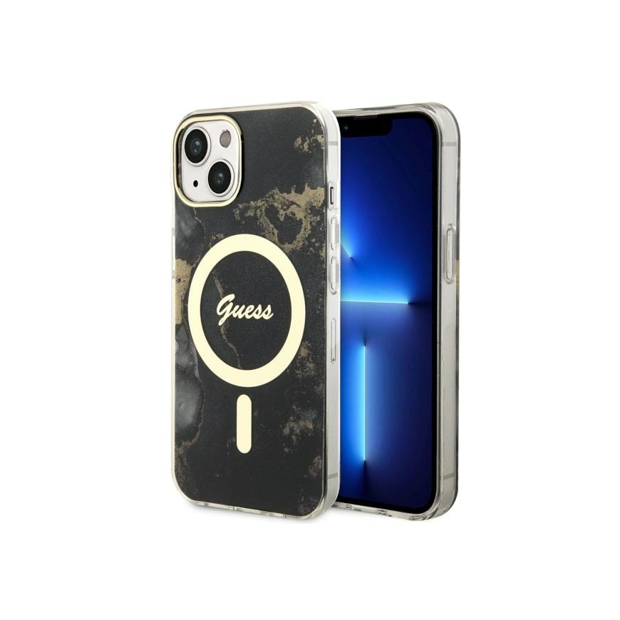 Dėklas Guess GUHMP14MHTMRSK iPhone 14 Plus 6.7" juoda|juodas hardcase Golden Marble MagSafe