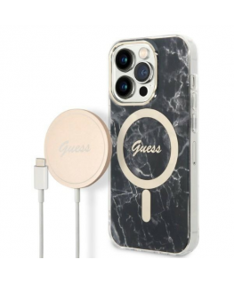 Guess Bundle Pack MagSafe IML Marble - Rinkinys etui + kroviklis MagSafe iPhone 14 Pro (juoda/auksinė)