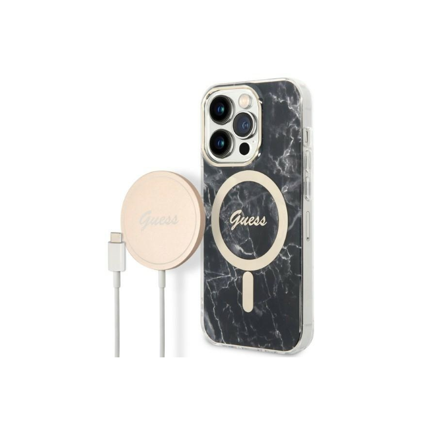 Guess Bundle Pack MagSafe IML Marble - Rinkinys etui + kroviklis MagSafe iPhone 14 Pro (juoda/auksinė)