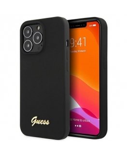 Guess GUHMP13LLSLMGBK iPhone 13 Pro / 13 6.1" juodas/juodas hardcase Silicone Script Gold Logo MagSafe