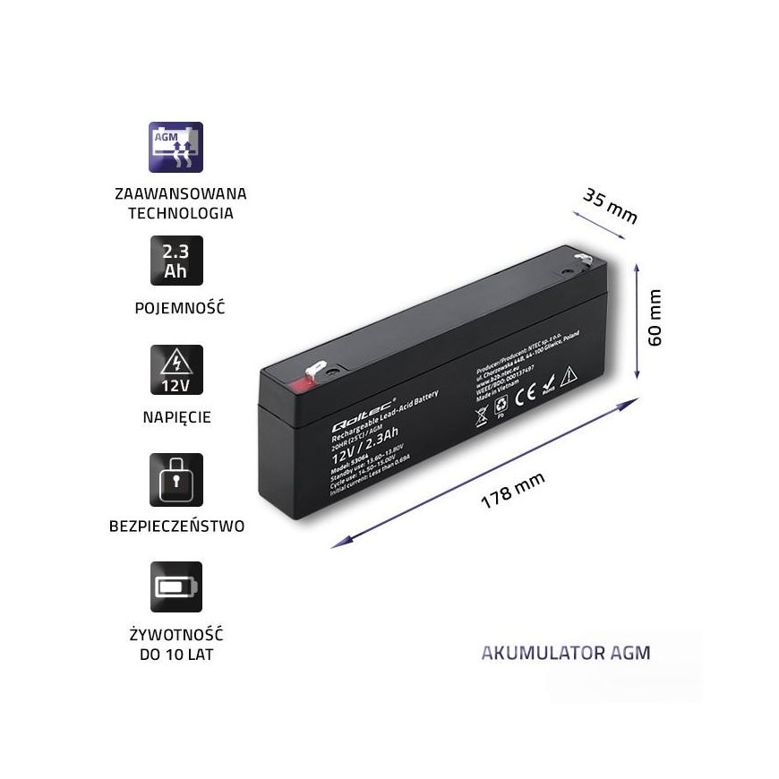 QOLTEC 53064 AGM baterija 12V 2,3Ah maks. 34,5A – 5