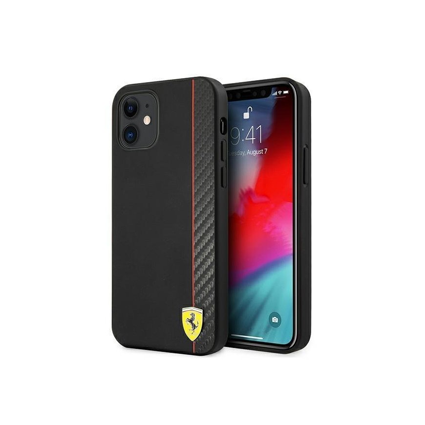 „Ferrari FESAXHCP12SBK iPhone 12 mini 5,4“ juodas/juodas kietas dėklas „On Track Carbon Stripe“