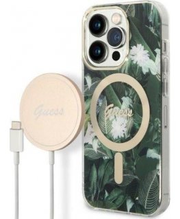 Guess Bundle Pack MagSafe IML Jungle - Rinkinys etui + kroviklis MagSafe iPhone 14 Pro (khaki/auksinė)