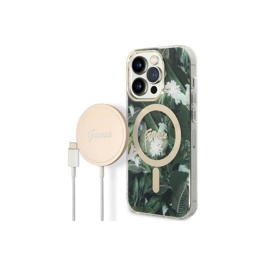 Guess Bundle Pack MagSafe IML Jungle - Set for case + charger MagSafe iPhone 14 Pro (khaki/gold)