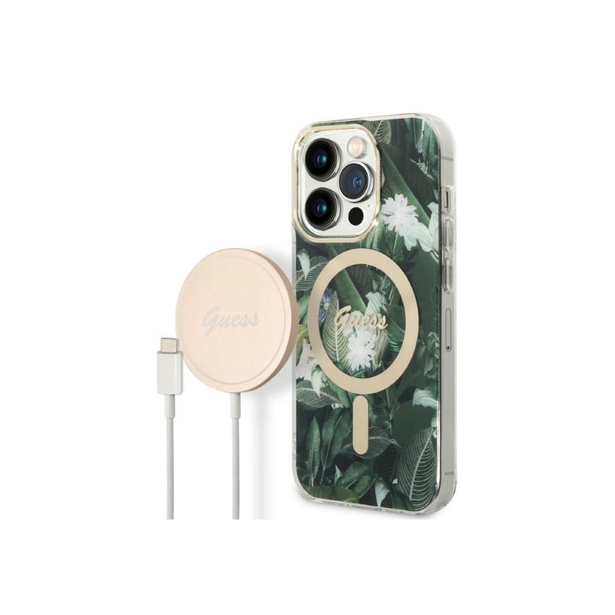 Guess Bundle Pack MagSafe IML Jungle - Set for case + charger MagSafe iPhone 14 Pro (khaki/gold) – 2