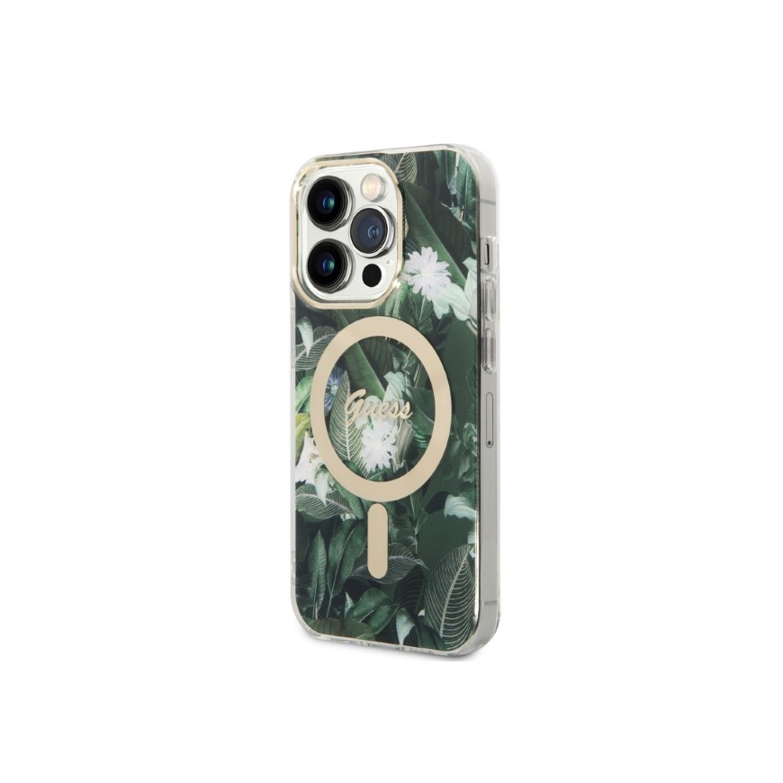 Guess Bundle Pack MagSafe IML Jungle - Rinkinys etui + kroviklis MagSafe iPhone 14 Pro (khaki/auksinė) – 3