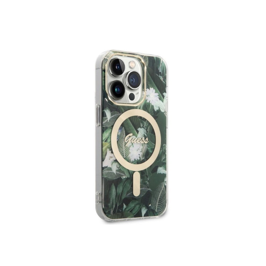 Guess Bundle Pack MagSafe IML Jungle - Set for case + charger MagSafe iPhone 14 Pro (khaki/gold) – 5