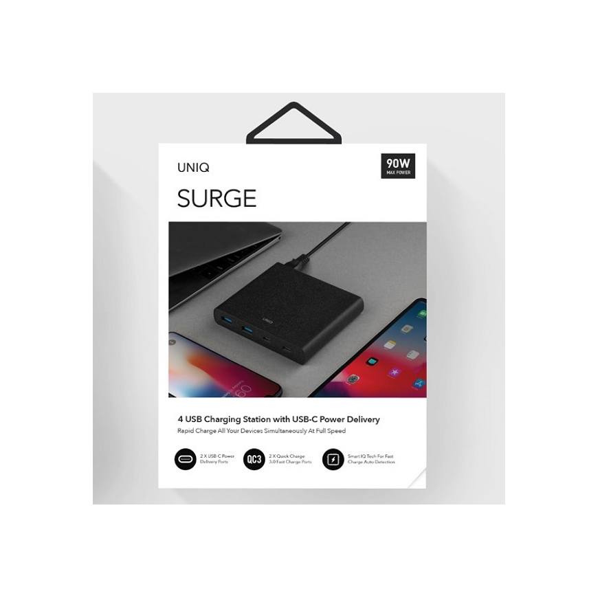 UNIQ HUB Surge Charger 2x USB Quick Charge 3.0 + 2x USB-C PD 3.0 90W black – 5