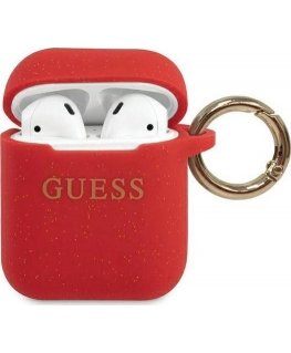 Guess apsauginis dėklas GUACCSILGLRE silikoninis blizgus, skirtas AirPods 1/2 raudonas