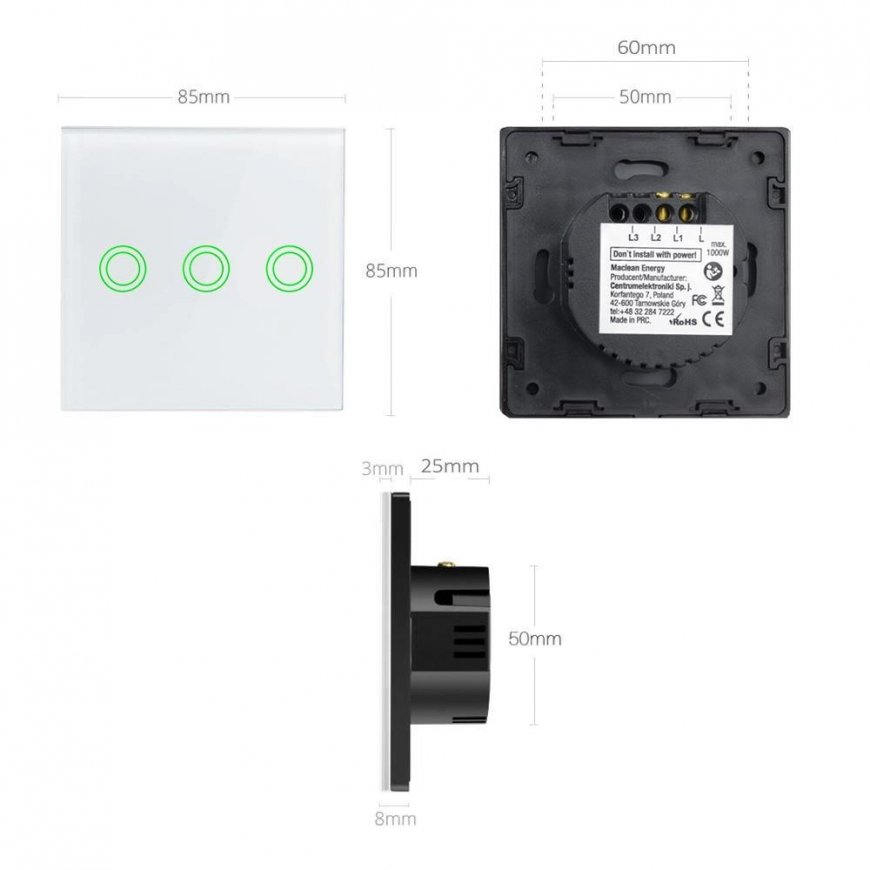 Maclean Tactile light switch, triple, glass, white with round button, dimensions 86x86mm (MCE705) – 5