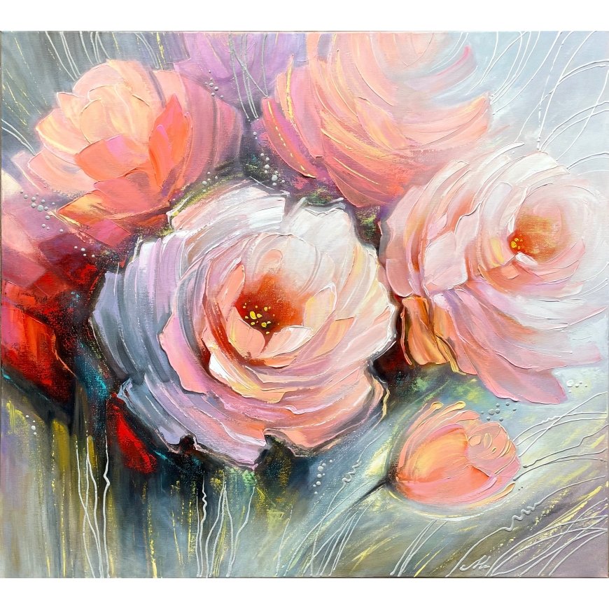 Oil painting 100x100cm, pastel blossoms