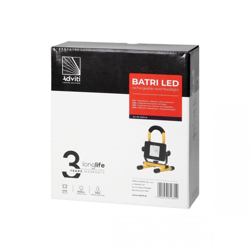 Orno BATRI LED 10W, working spotlight, portable with rechargeable battery, 800lm, IP65, 6500K, 2200mAh – 3