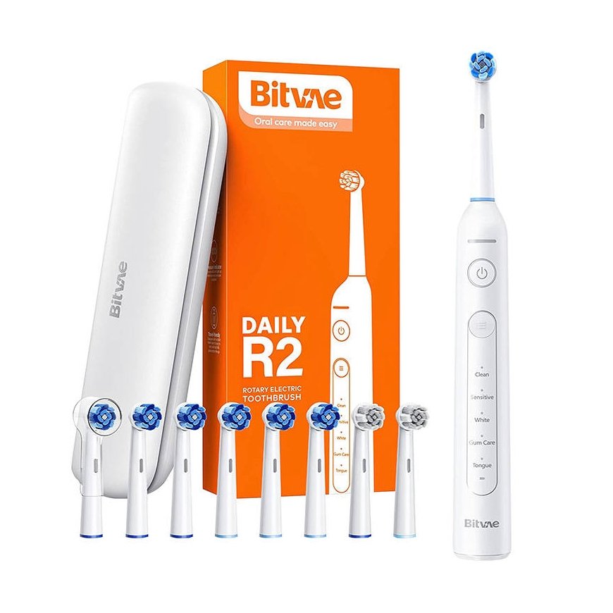 Rotary toothbrush with tips set and travel case Bitvae R2 (white)