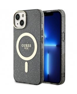 Guess case for iPhone 14 Plus 6.7" GUHMP14MHCMCGK black hard case Magsafe IML Glitter Gold