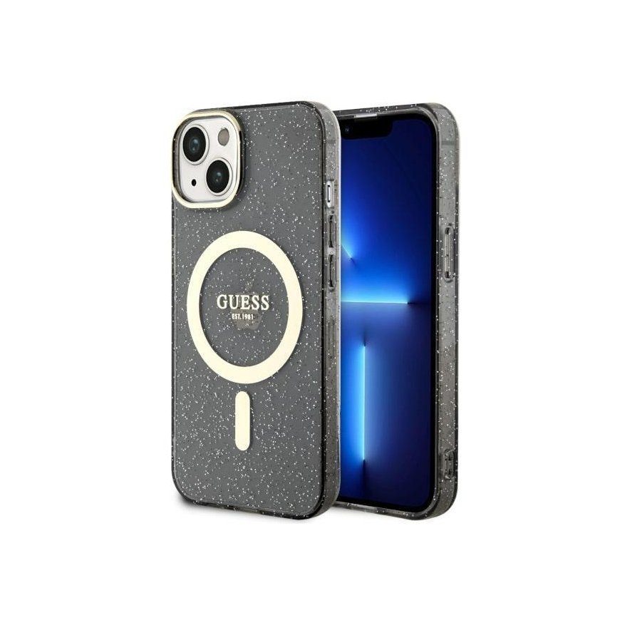 Guess case for iPhone 14 Plus 6.7" GUHMP14MHCMCGK black hard case Magsafe IML Glitter Gold