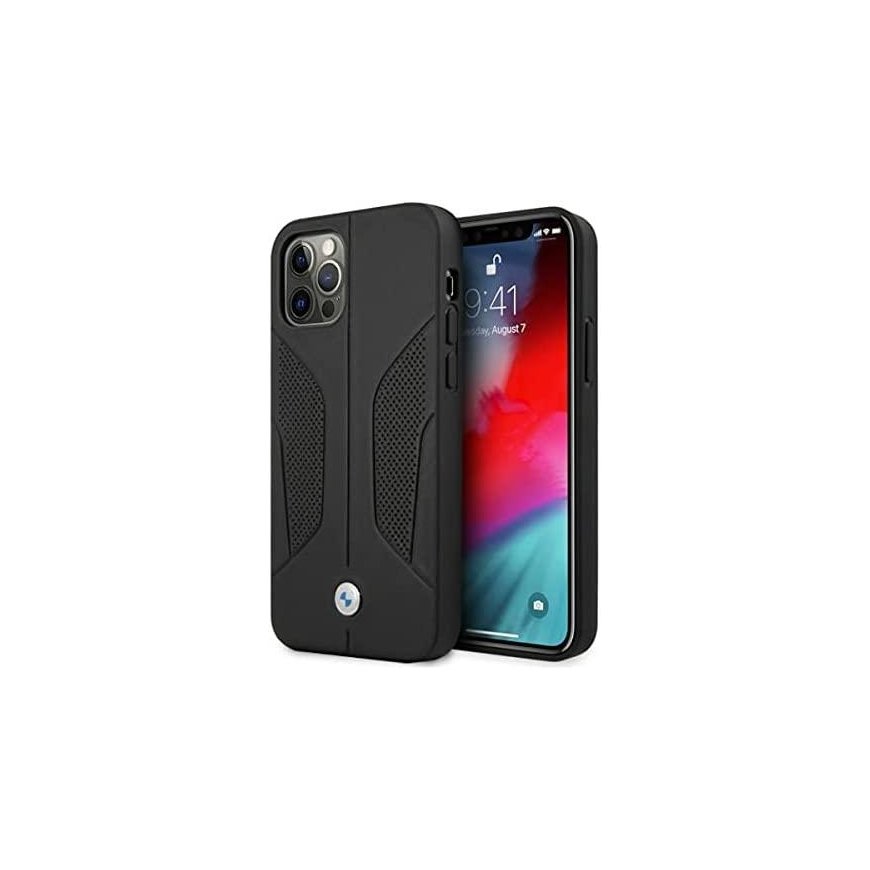 Dėklas BMW BMHCP12MRSCSK iPhone 12/12 Pro 6,1" juoda/juodas kietas dėklas, odiniai perforuoti šonai – 2