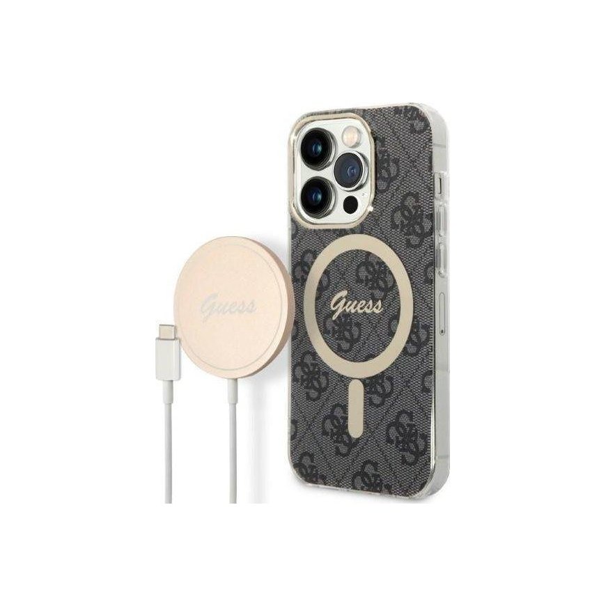 Guess rinkinys Case + Charger, skirtas iPhone 14 Pro 6.1" GUBPP14LH4EACSK Juodas BP Magsafe Dėklas + 4G pakrovėjas