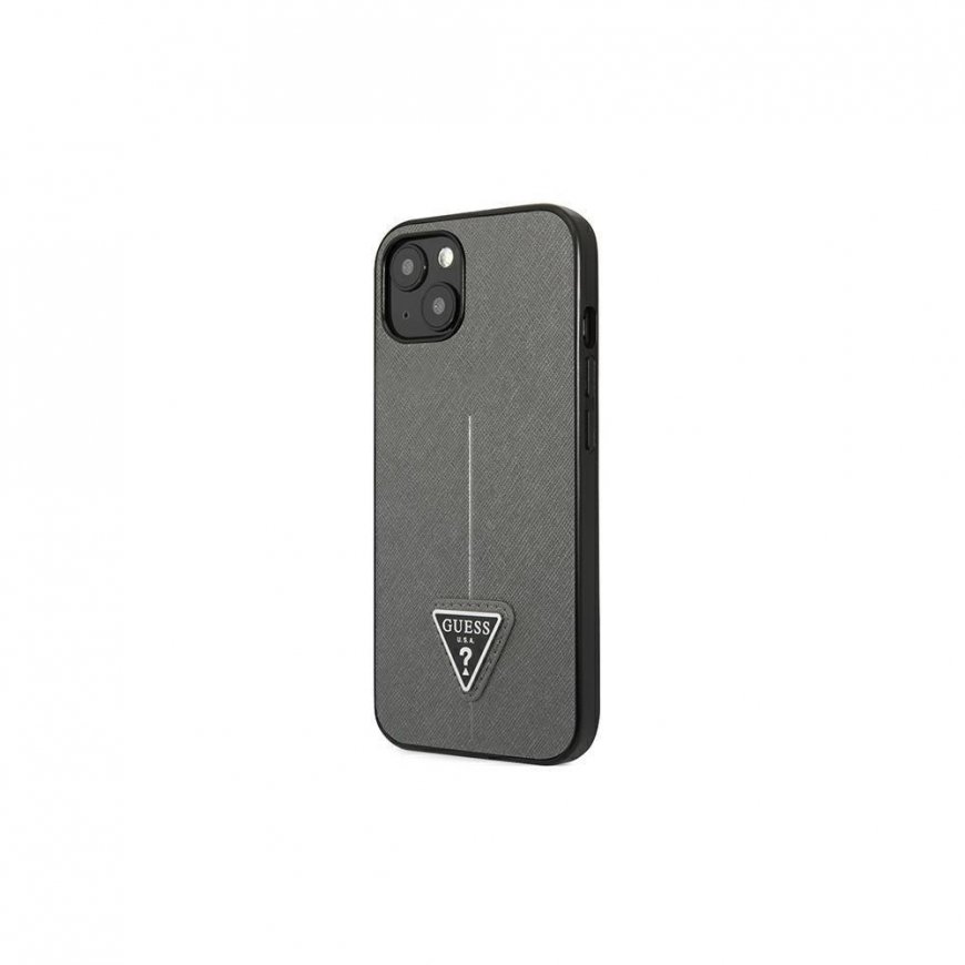 Guess dėklas skirtas iPhone 14 Pro Max 6.7" GUHCP14XPSATLG sidabrinis HC Saffiano PU trikampis