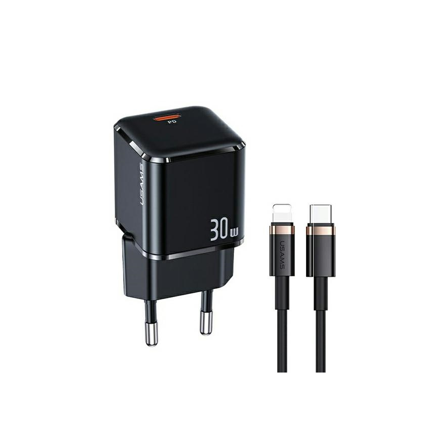 USAMS Ład. network 1xUSB-C T45 30W PD3.0 Fast Charging + cable U63 USB-C|Lightning black|black UXTZH01 (USAMS-UX)