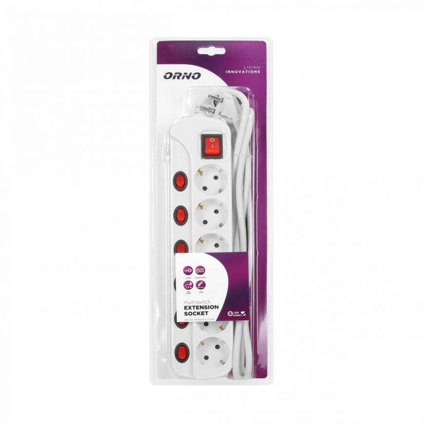 Orno Maitinimo juostelė "Multiswitch", 6 lizdai 2P + Z (schuko), 3x1,5mm?Kabelis, ilgis 1,5m, su šviečiančiais jungikliais: pagr – 3