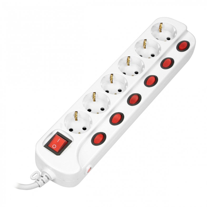 Orno Power strip "Multiswitch", 6 sockets 2P + Z (schuko), 3x1.5mm? Cable, length 1.5m, with illuminated switches: main two-way – 4