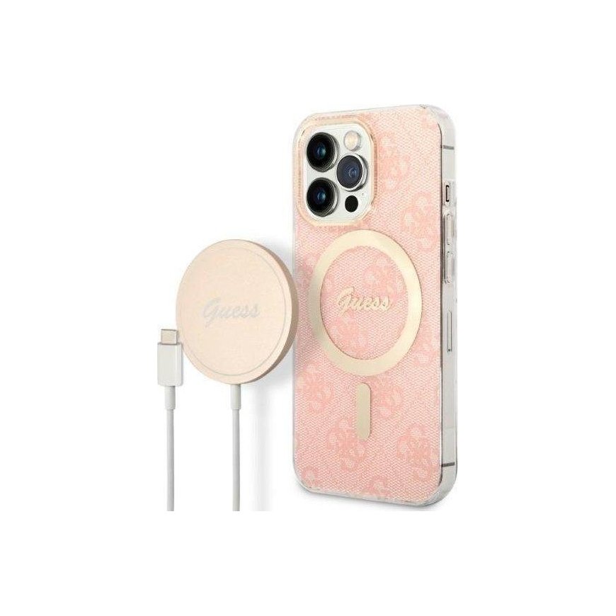Charger Guess Set Guess case + charger wireless GUBPP13LH4EACSP Apple iPhone 13 Pro pink/pink hard case 4G Print MagSafe