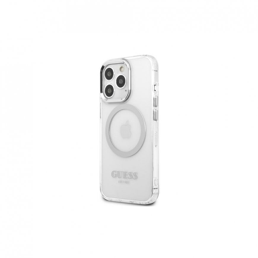 Guess Case for iPhone 13 Pro / 13 6.1" GUHMP13LHTRMS Silver Hard Case Metal Outline Magsafe