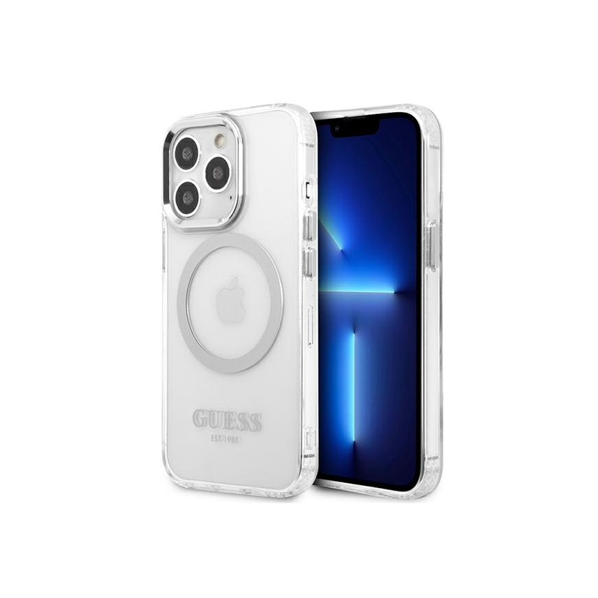 Guess dėklas skirtas iPhone 13 Pro / 13 6,1" GUHMP13LHTRMS sidabrinis kietas dėklas Metal Outline Magsafe – 5