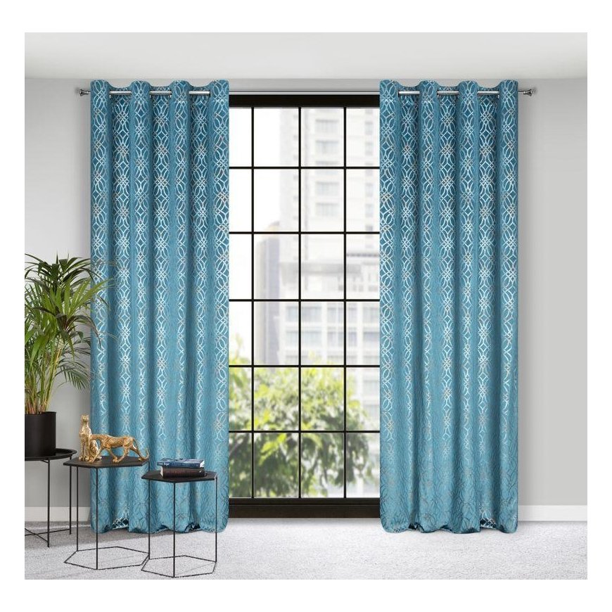 Eurofirany soft velvet curtain ARETA with boho pattern / 200 g/m2 / 140x250 / blue color