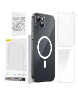 Phone case Baseus Magnetic Crystal Clear for iPhone 13 (transparent) with all-tempered-glass screen protector and cleaning kit