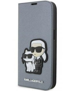 Dėklas Karl Lagerfeld Apple iPhone 14 Pro Max 6.7 Saffiano Karl&Choupette bookcase Sidabrinis