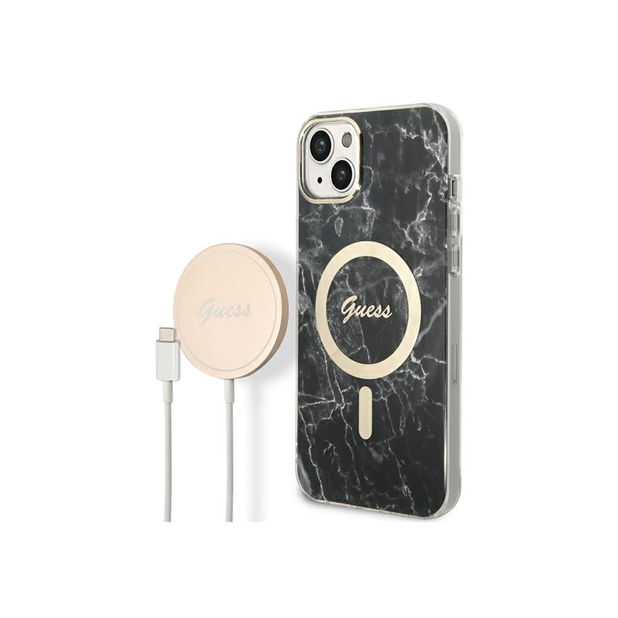Guess set case + charger for iPhone 14 Plus 6,7" GUBPP14MHMEACSK juodas hard case Marble MagSafe