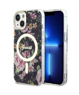 Guess dėklas, skirtas iPhone 14 6,1" GUHMP14SHCFWSK juodas kietas dėklas Magsafe IML Flower