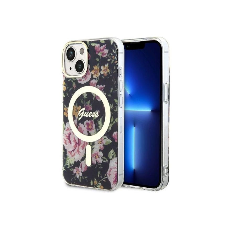 Guess dėklas, skirtas iPhone 14 6,1" GUHMP14SHCFWSK juodas kietas dėklas Magsafe IML Flower