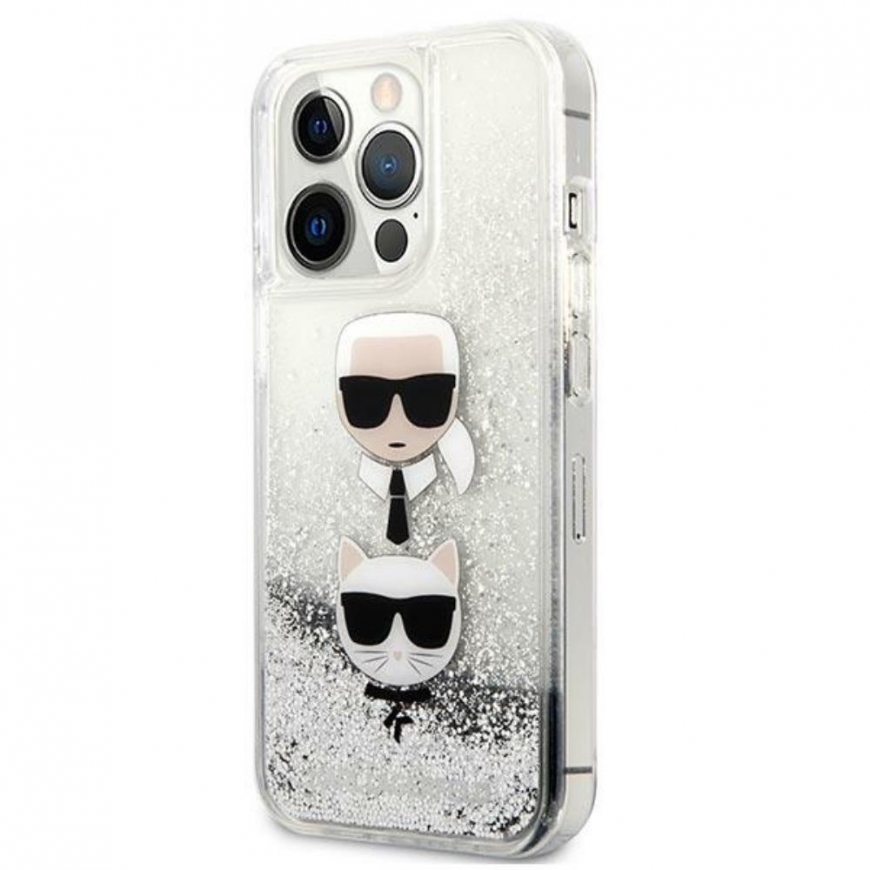 Karl Lagerfeld KLHCP13XKICGLS iPhone 13 Pro Max 6.7 inch Silver/Silver Hard Case Liquid Glitter Karl&Choupette Head – 2